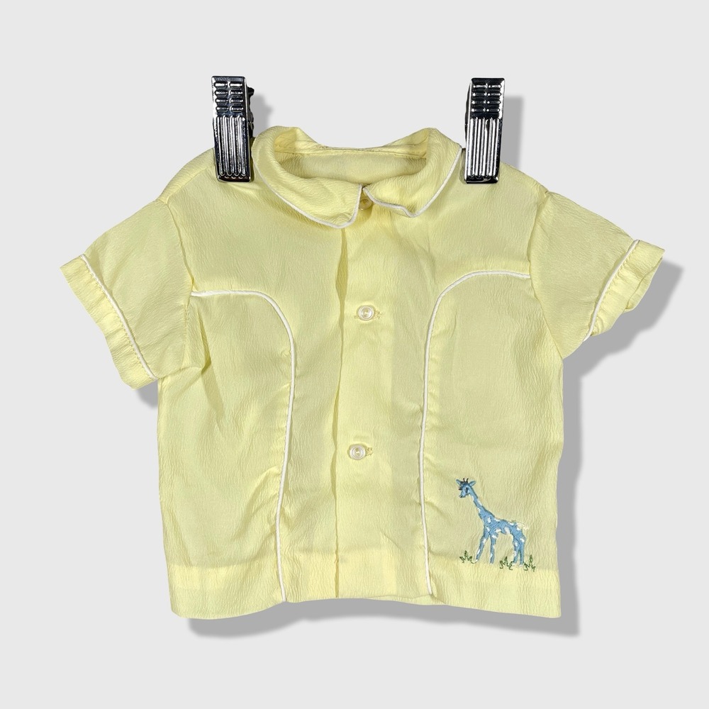 Unbranded Giraffe Embroidered Button Shirt Kids 6-9M Yellow Vintage Top